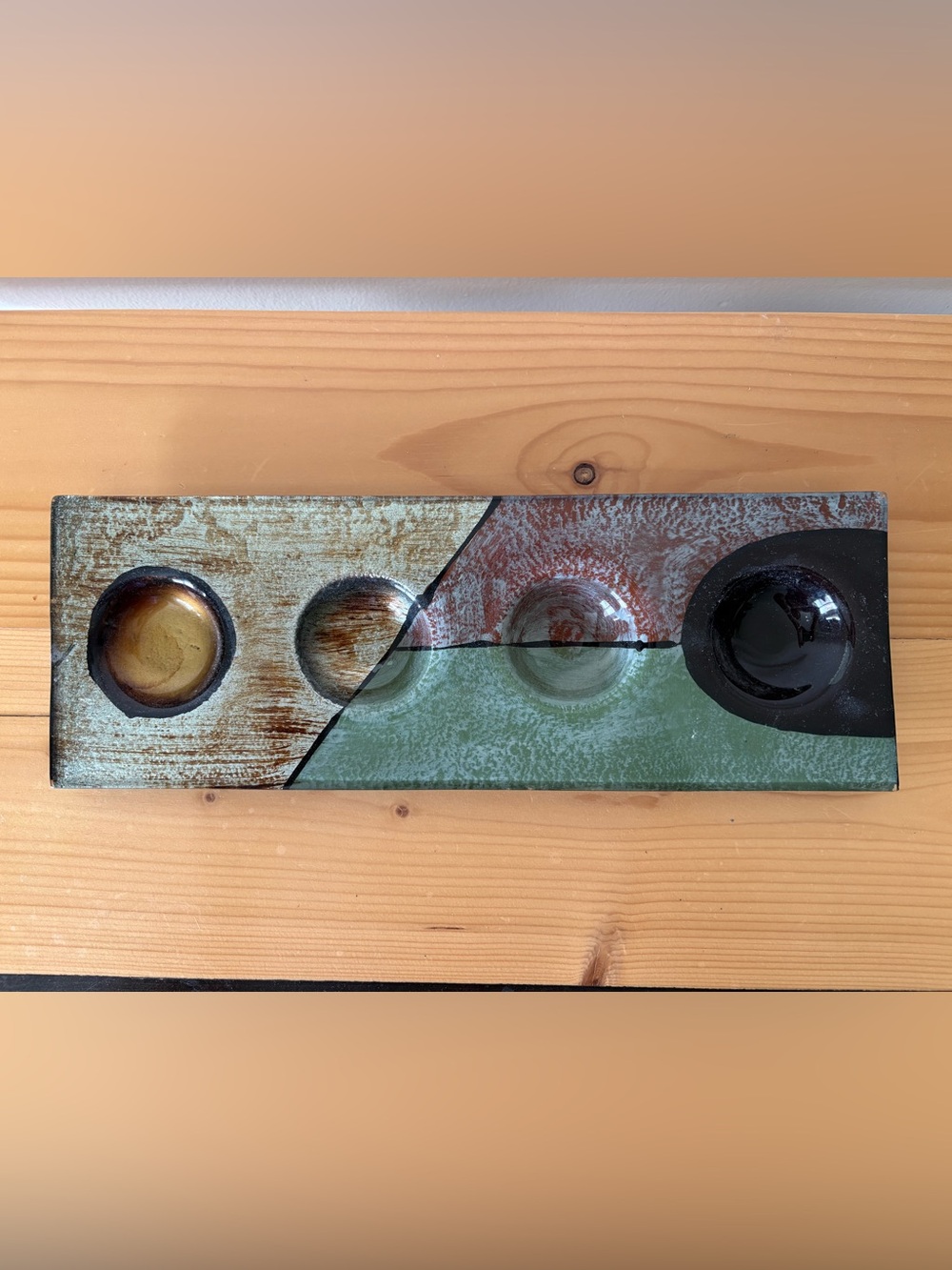 Abstract Fused Glass Flight Tray / Candle Holder – Earth Tones 4-Well Modernist